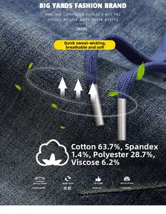 Close-up of vintage wash denim fabric with cotton-rich blend and drawstring waist detail