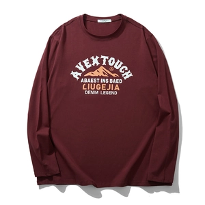 Burgundy long sleeve t-shirt with mountain graphic print and loose casual fit