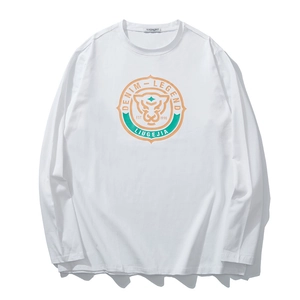 Front view of white long-sleeved t-shirt with retro tiger logo print on cotton fabric