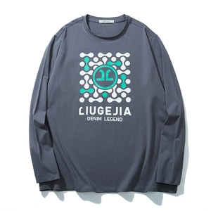Men's loose long-sleeve cotton T-shirt in dark grey-blue with geometric molecular print