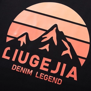 Black long sleeve t-shirt with orange mountain print and retro brand lettering
