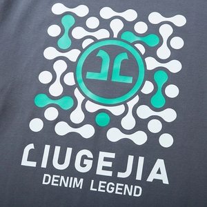 Close-up of mint green geometric pattern and JL logo print on grey long sleeve cotton T-shirt
