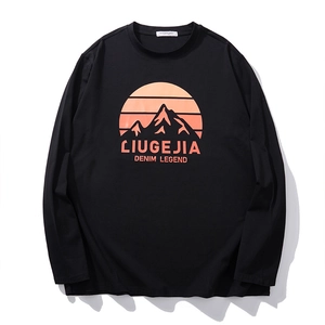 Men's black long sleeve T-shirt with sunset mountain graphic print and crew neck