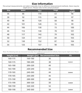 Size chart for men's loose elastic waist jeans with waist and hip measurements