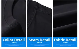 Detail of reinforced crew neck stitching and premium 230g cotton fabric texture on black tee