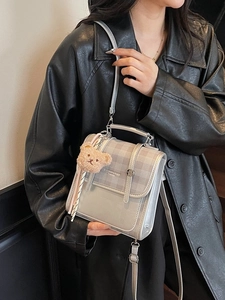 Retro PU Leather Grid Patchwork Backpack For Women Fashion Simple Mini School Bag With Bear Pendant Flap Daily Backpack