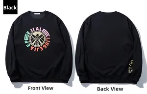 Detailed front and back view of black crewneck sweatshirt with eagle shield graphic print