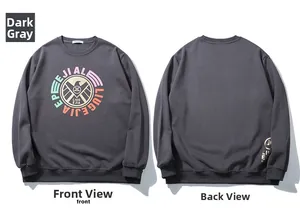 Detail of dark grey crewneck sweatshirt showing eagle shield print on front and back view