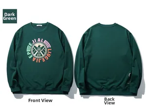 Front and back detail of dark green crewneck sweatshirt with letter logo print