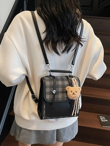 Retro plaid mini backpack for women with bear charm and adjustable straps