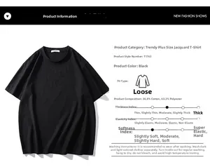 Size chart showing black jacquard T-shirt fabric details and 36.8% cotton blend composition