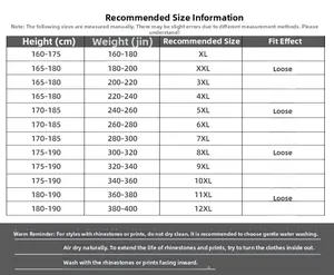 Size guide for oversized T-shirts showing range up to 12XL with washing instructions