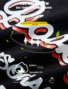Detail of high-quality red and white puff print on black cotton blend oversize T-shirt
