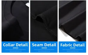 Détail macro de l'encolure côtelée et des coutures sur le t-shirt en coton noir