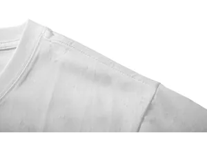 Detail view of double-stitched neckline and fine cotton fabric texture on a white T-shirt
