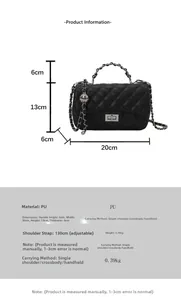 Detailed size chart of the quilted chain bag with PU leather dimensions and strap length