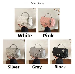 Quilted chain cross-body bags in white, pink, silver, gray, and black color options