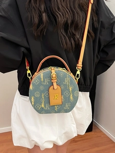 Borsa a Tracolla Rotonda in Denim Retro da Donna Stampa di Lettere Vintage Cuciture in Pelle PU Piccola Borsa Rotonda Oro
