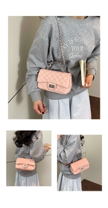 Multiple views of a pale pink quilted mini bag with silver chain strap on a model