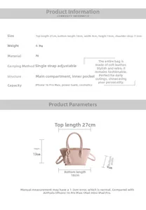 Detailed sizing chart and specifications for the pink PU leather tassel bucket bag