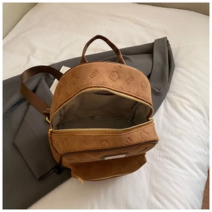 Detail des braunen Mini-Rucksacks mit Katzen-Prägemuster und goldenem Reißverschluss