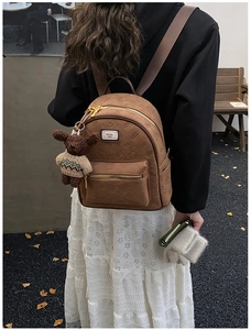 Detail eines braunen Lederrucksacks mit Hello Kitty Prägung und süßem Bärenanhänger