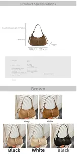 Detailed chart of quilted PU leather shoulder bag showing sizes and five color options