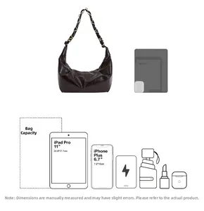 Detailed capacity guide for large crescent bag showing fit for 11-inch iPad Pro and iPhone