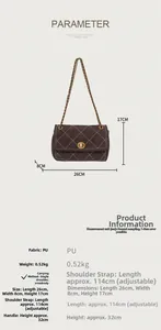 Detailed parameter chart for coffee quilted PU leather crossbody bag with chain strap