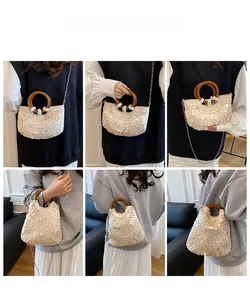 Model showcasing a sequined beige handbag with a circular wooden handle in various styles