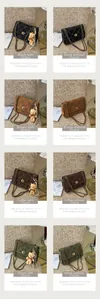 Detailed grid of quilted crossbody bags in four colors with chain straps and pearl buckles