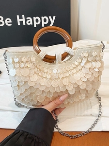 Women Handmade Sequin Bucket Bag With Wooden Ring Handle Fashion Crossbody Bag Elegant Pearl Luster Shoulder Bag Off White