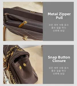 Detail of brown quilted leather bag featuring premium gold zipper and metal side buckles