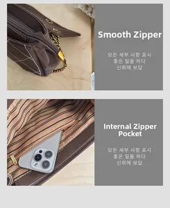 Detail of smooth metal zipper and internal zip pocket of the quilted chain handbag