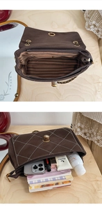 Detail view of the brown quilted crossbody bag showing spacious interior compartments