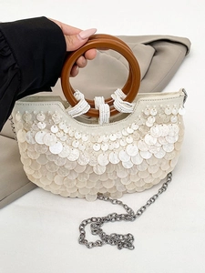 Bohemian sequin handbag with round wooden handles and long silver metal chain strap