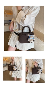 Detailed views of a coffee brown crossbody bag with a cute teddy bear charm