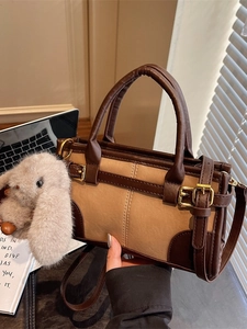 Korean Style Retro Contrast Color PU Leather Handbag For Women Vintage Commuter Crossbody Bag With Plush Rabbit Pendant