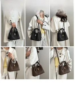 Multiple views showing a textured bucket bag used as a handbag and crossbody bag