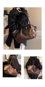 Detail of vintage coffee brown tote bag with pleat design and cute plush bear charm