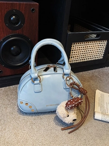 Women Retro Korean Style Mini Boston Crossbody Bag High Quality PU Leather Pillow Shoulder Bag With Cute Bear Pendant Rivet