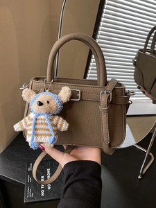 Brown litchi grain small square handbag with cute bear pendant and adjustable strap