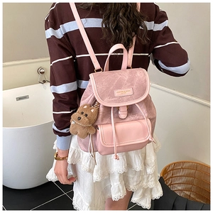Pink vintage large capacity backpack for women with bear pendant and matte texture finish