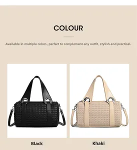 Detail view of woven pillow bags in black and khaki with silver rings and straps