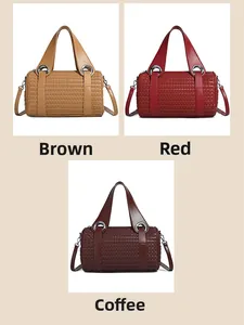 Detailed view of woven cylindrical pillow bags in brown, red, and coffee synthetic leather