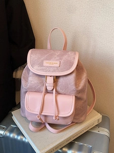 Pink vintage large capacity backpack with marble texture flap and leather front pocket