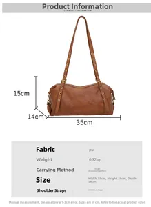 Brown PU leather shoulder bag details with 35x15x14cm dimensions and metal eyelet straps