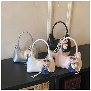 Chic hobo shoulder bags in silver, white, black, and pink with cute bear charms