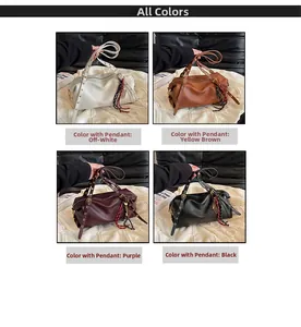 Litchi pattern Boston handbags in off-white, brown, purple and black with tassel charms