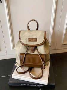 Vintage large capacity backpack in khaki suede and brown leather for women